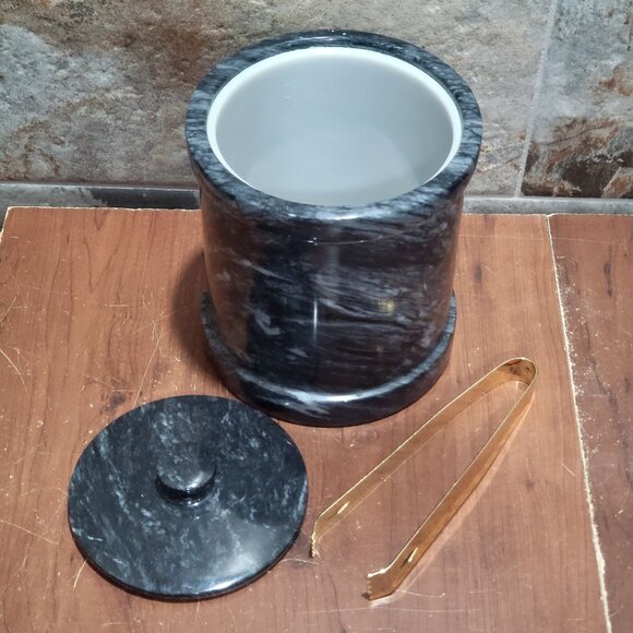 Vintage Dark Grey Heavy Marble Ice Bucket Matching Lid Pair Gold Toned Metal To - Picture 3 of 10